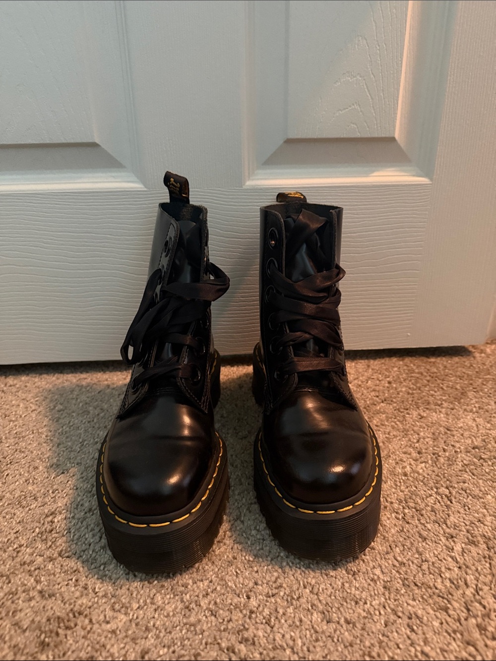 Dr. Martens Black Patent Lace-Up Platform Boots with Yellow Stitching - Picture 2 of 2